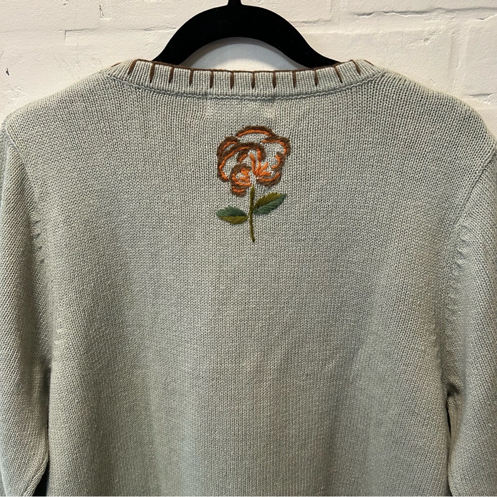 Vtg All Points Sage Green Floral Embroidered V Neck Cottagecore Sweater Sz L - Picture 7 of 7